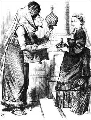 "New crowns for old ones!" --Disraeli presents Queen Victoria the crown of India. Punch, 1876, by cartoonist John Tenniel.