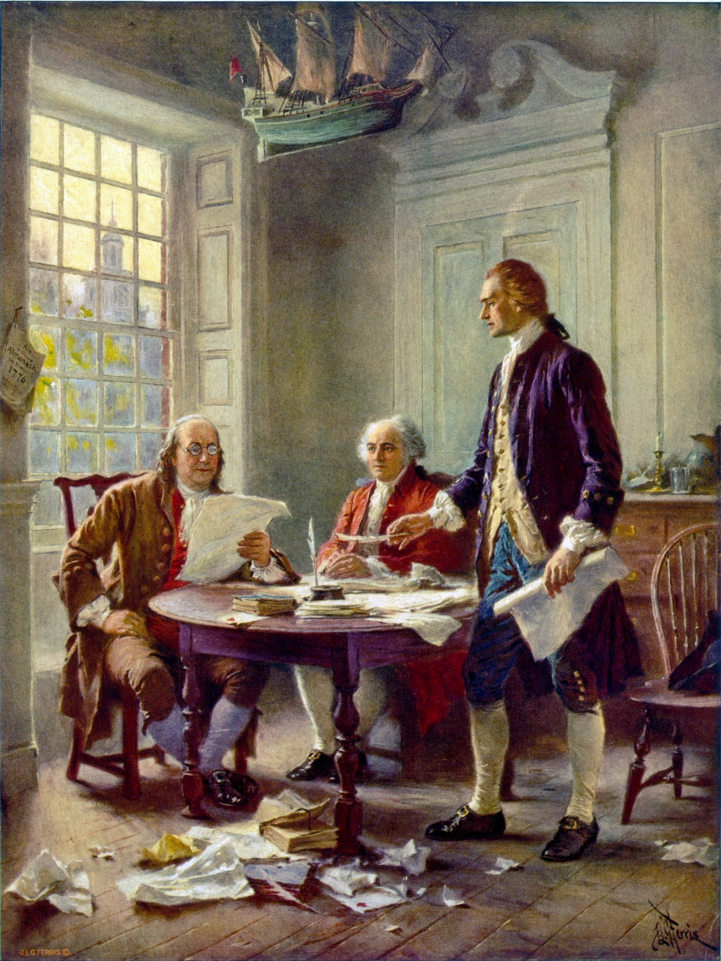 Writing the Declaration of Independence. Painting by Jean Leon Gerome Ferris (1863 - 1930). Public domain photo.