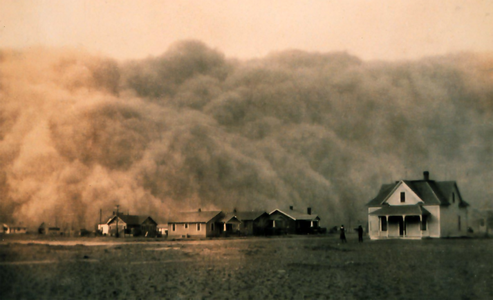 Dust storm in Stratford, Texas, 1935. Public domain photo by NOAA. 