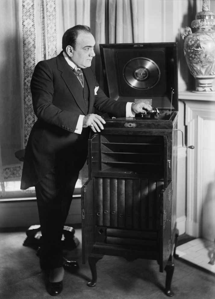 Caruso with phonograph, early 1900s. Bain photo owned by LOC; no known restrictions.