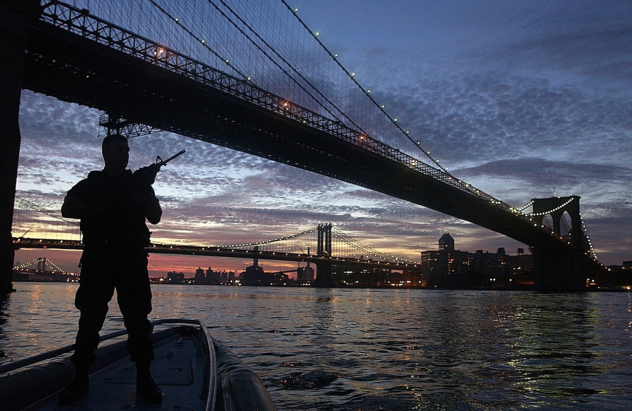 Brooklyn Bridge Evening Security. PD photo by Skeeze.