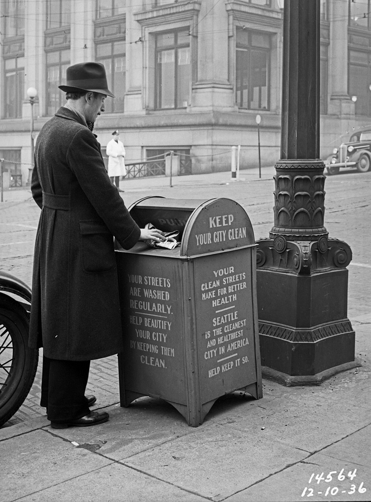 Downtown trash can, ca 1936. CC2.0 photo by Seattle Municipal Archives.