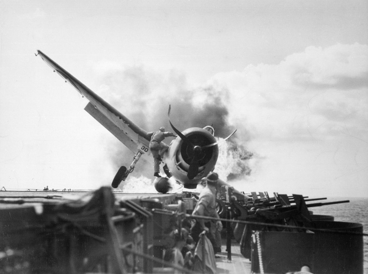 1943 crash landing on the USS Enterprise. PD photo by the US Department of Defense.
